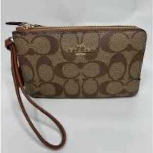 Coach Tan and Brown Signature Wristlet 6"x4"